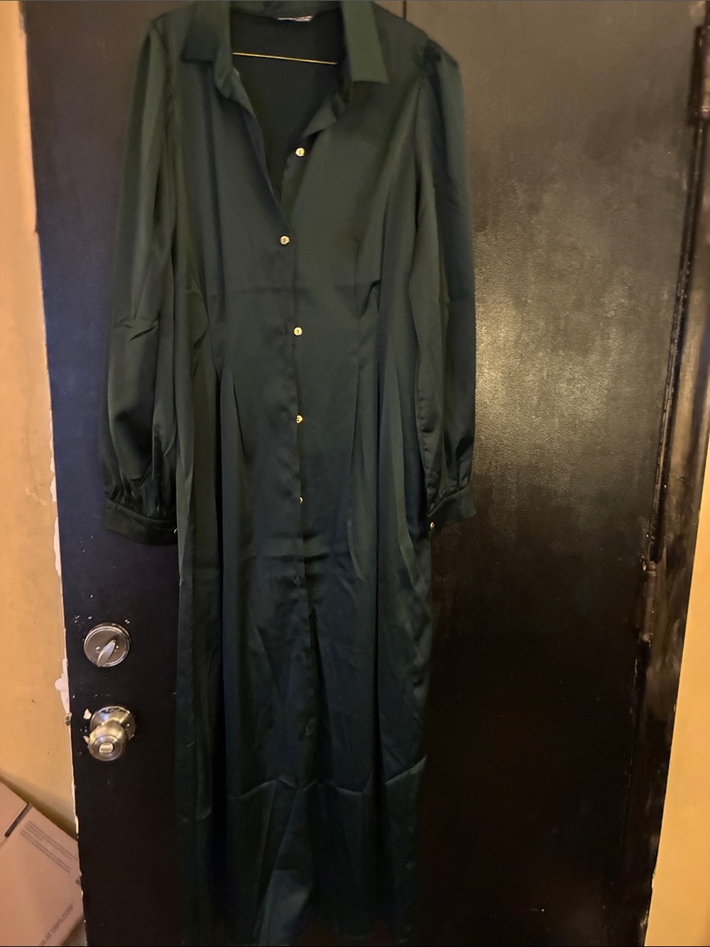 SHEIN Dark Green Satin Button-Front Maxi Shirt Dress L